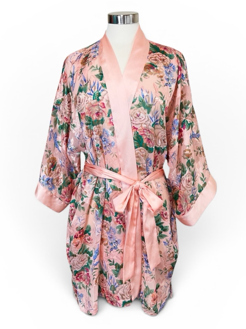 Vintage Victoria’s Secret Satin Floral Jacquard  Organza Short Robe with Belt